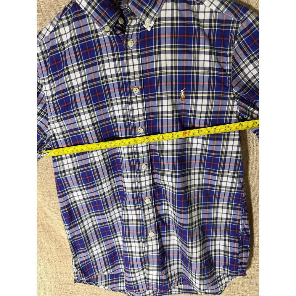 Ralph Lauren Boys L 14-16 Blue Plaid Button-Down Shirt Natural Stretch Cotton